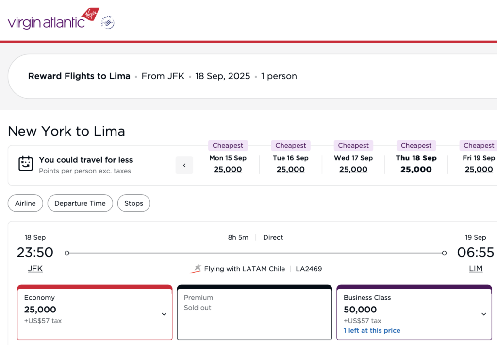 New York- Lima flights bookable through Virgin Atlantic